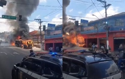 VÍDEO: Ônibus pega fogo e atinge fiação elétrica em SP