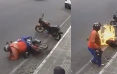 VÍDEO: Motociclista se desequilibra e moto estacionada pega fogo no Sudoeste baiano