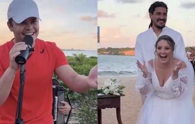 VÍDEO: Matheus, da dupla com Kauan, surpreende noivos durante casamento na praia