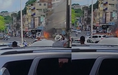 VÍDEO: Veículo pega fogo e fecha trânsito no Vale do Ogunjá