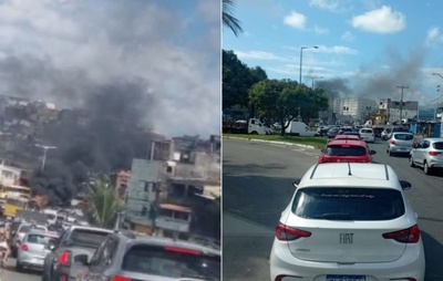Carro em chamas causa lentidão na Avenida San Martin, em Salvador