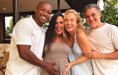Thiaguinho e Carol Peixinho celebram gravidez com Angélica e Huck, padrinhos de Bento
